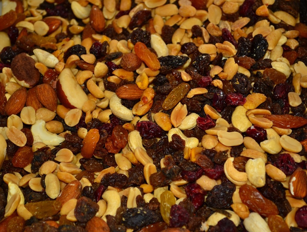 trail mix, nuts, raisins